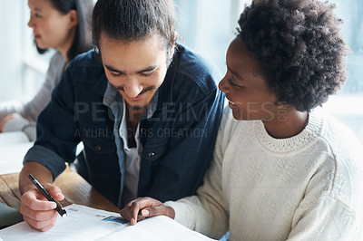 Buy stock photo Students, university and studying with books for research and friends working together for knowledge. People on campus, academic growth and scholarship with learning material for exam and education