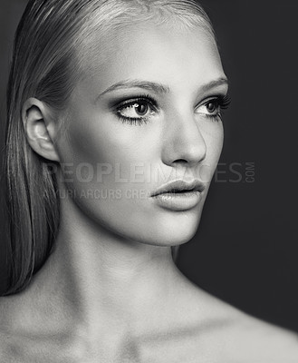 Buy stock photo Vintage model, serious and face of a woman with makeup, retro style and monochrome aesthetic. Beauty, simplicity and a young girl with facial cosmetics isolated on a dark background in a studio