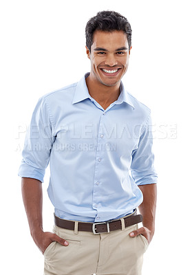 Buy stock photo Portrait, smile and business man in studio with professional, confidence and career on a white background. Friendly Mexican worker, accountant or employee in a shirt for fashion, clothes and style