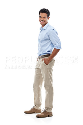Buy stock photo Business man, confidence and portrait in studio for professional career, fashion and formal style. Happy young worker, employee or Mexican accountant in shirt and smile for job on a white background