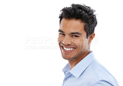 Buy stock photo Face, smile and business man in studio for professional, happy and legal career on a white background. Portrait of Mexican worker, lawyer or employee with confidence, headshot and mockup for law firm