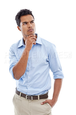 Buy stock photo Thinking, question and business man in studio with ideas, vision or search for inspiration on a white background. Mexican employee or accountant with solution, doubt or confused for his career or job