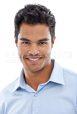 Buy stock photo Face, happy and business man in studio with professional style, smile and career on a white background. Portrait of a Mexican accountant or employee in a shirt and headshot for company confidence