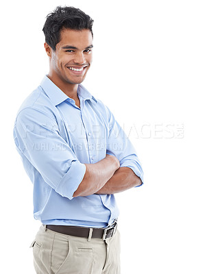 Buy stock photo Portrait, confidence and business man in studio with arms crossed, professional and career on a white background. Mexican person, accountant or worker with smile in shirt for fashion or clothes style