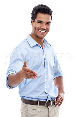 Buy stock photo Handshake, offer and business man in studio meeting for job interview, introduction or agreement. Portrait of professional person and client shaking hands, hello and welcome POV on a white background