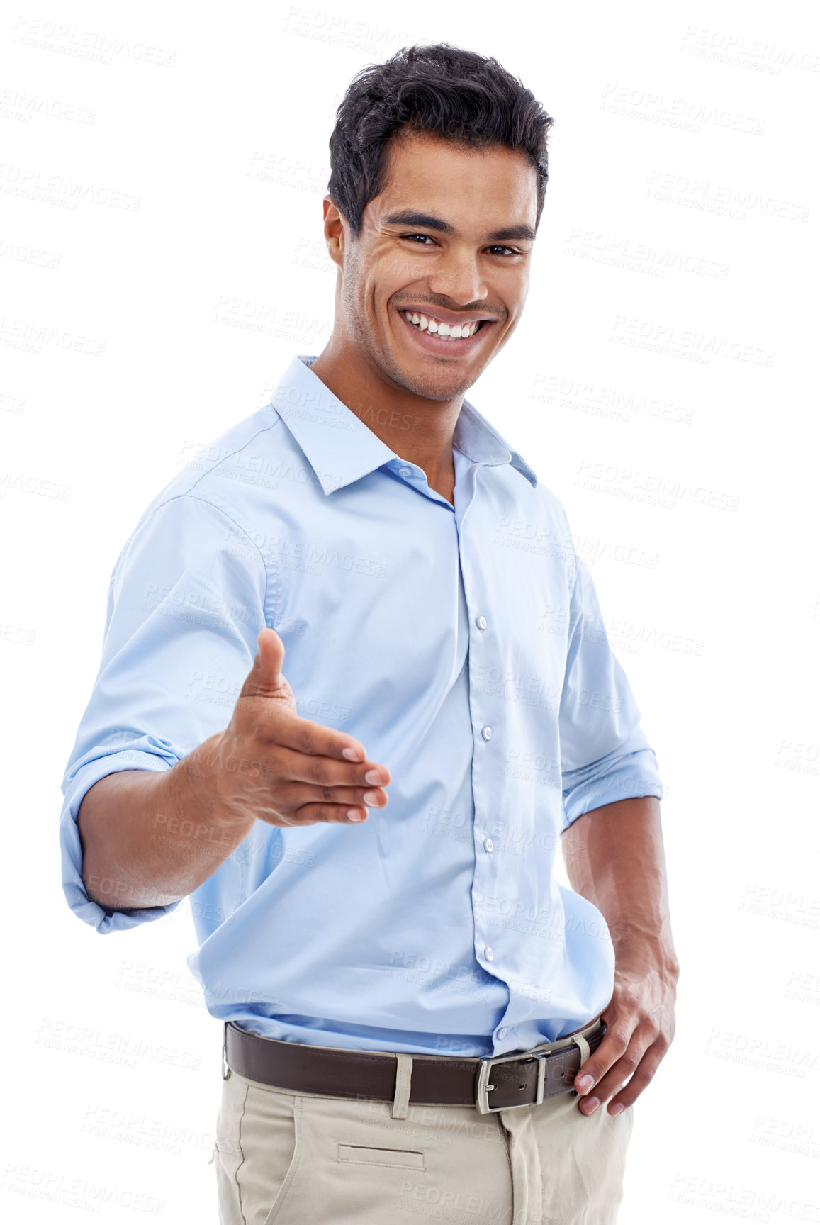 Buy stock photo Handshake, offer and business man in studio meeting for job interview, introduction or agreement. Portrait of professional person and client shaking hands, hello and welcome POV on a white background