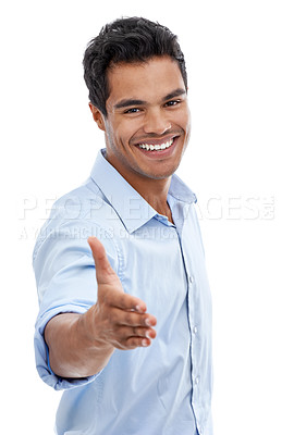Buy stock photo Handshake, offer and professional man in studio meeting for job interview, introduction or agreement. Portrait of business person and client shaking hands, hello and welcome POV on a white background