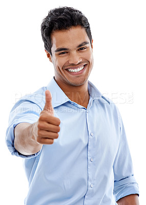 Buy stock photo Businessman, success and thumbs up in studio for achievement, support and like emoji or yes hands. Portrait of professional Mexican man or worker with good job, okay or feedback on a white background