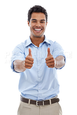 Buy stock photo Business man, yes and thumbs up in studio for achievement, support and like emoji or success. Portrait of professional Mexican employee or worker with good job, okay or feedback on a white background