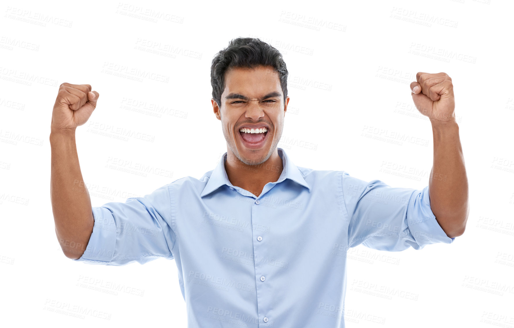 Buy stock photo Success, winner and business man in studio for celebration, achievement or winning of bonus or happy sales. Excited employee with fist, yes and shouting for news or opportunity on a white background