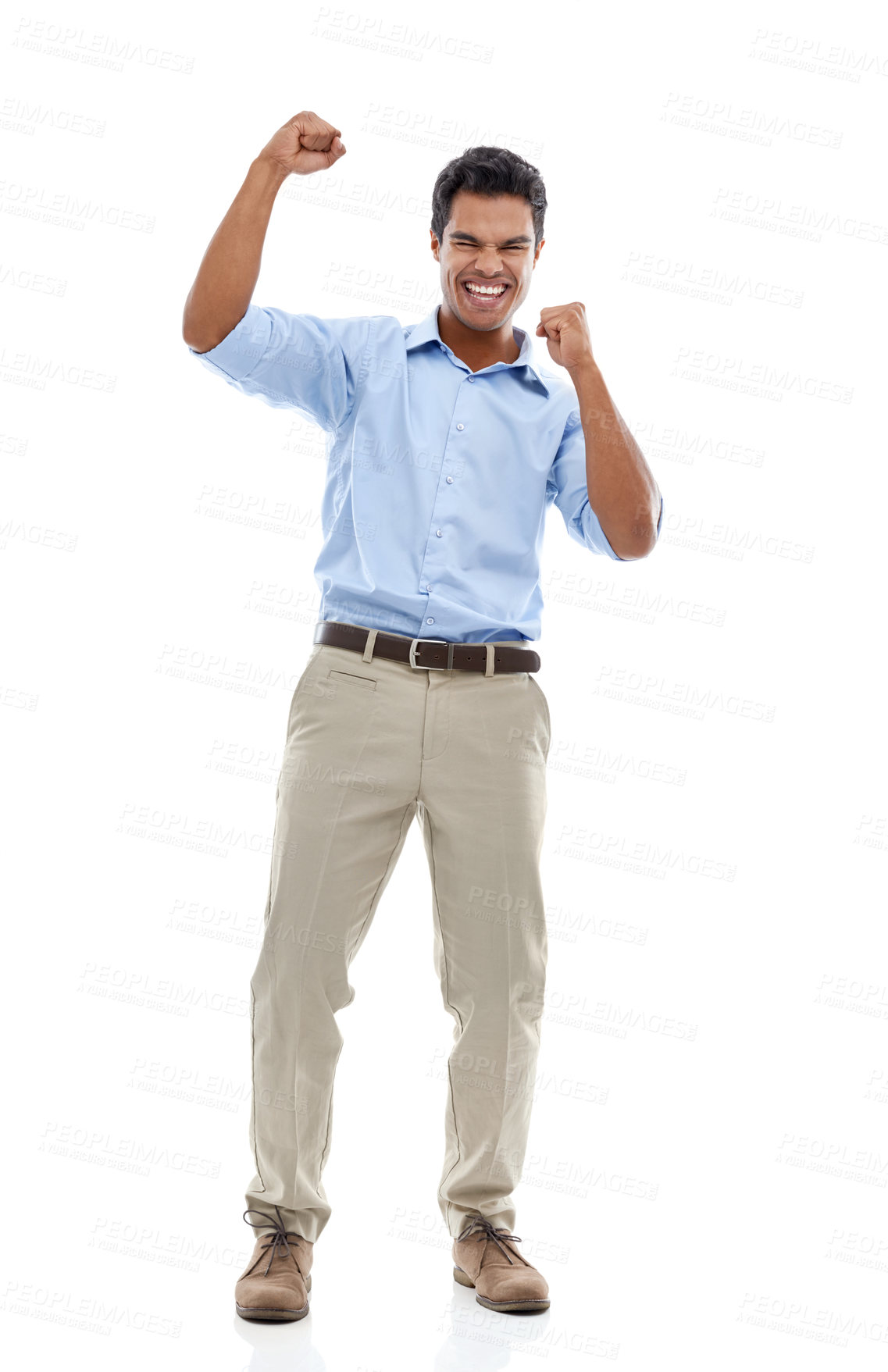 Buy stock photo Success, fist and business man in studio for celebration, achievement or winning with bonus or happy sales. Excited employee or winner with yes for news, goals or opportunity on a white background