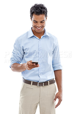 Buy stock photo Business, man and reading on mobile in studio for communication, happy networking and chat. Young professional worker in human resources typing on a phone, email or social media on a white background