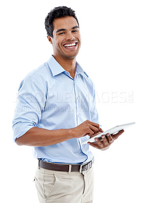 Buy stock photo Business, portrait and happy man with tablet in studio for social media, news or information on white background. Digital, search or male consultant face online for client communication, help or crm 
