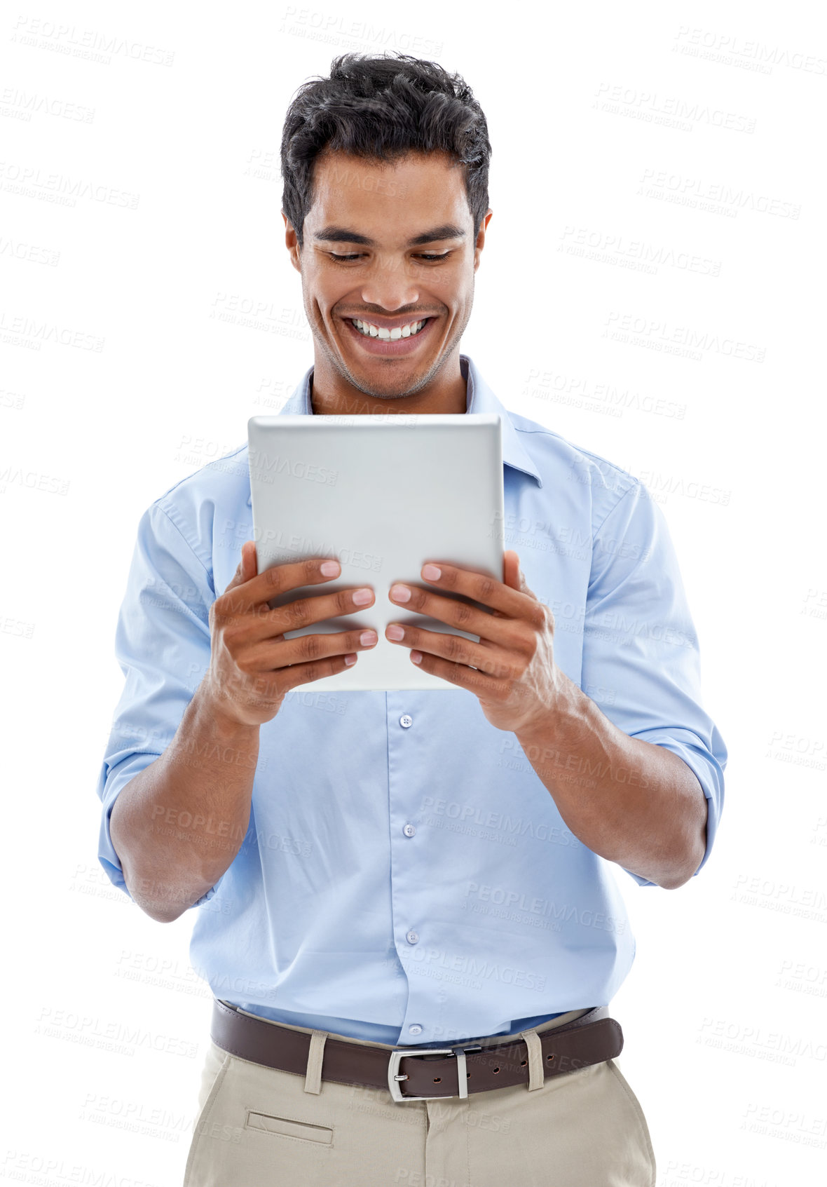 Buy stock photo Studio shot of a handsome young man using a digital tablet isolated on white