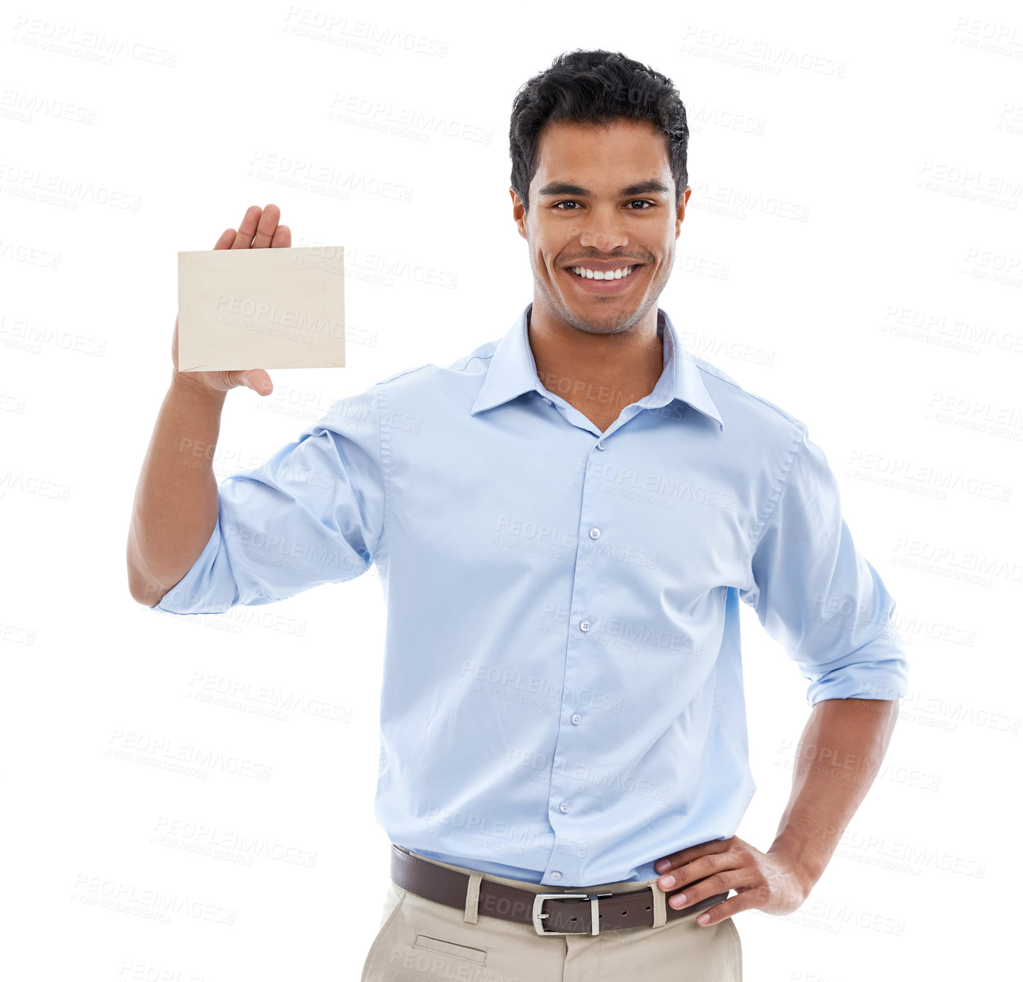 Buy stock photo Studio shot of a young man holding a blank card for copyspace isolated on white