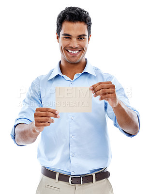 Buy stock photo Mockup, portrait and happy man with business card in studio for startup, promotion or marketing on white background. Paper, recruitment and recruiter with space for we are hiring, contact us or info
