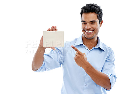 Buy stock photo Business card, happy man or hand pointing to mockup in studio for startup, promotion or marketing on white background. Paper, recruitment or agent with we are hiring space, contact us or information