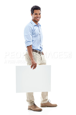 Buy stock photo Business, man and poster mockup in studio for career information, creative board or marketing. Portrait of a professional person, employee or designer with space for planning on a white background