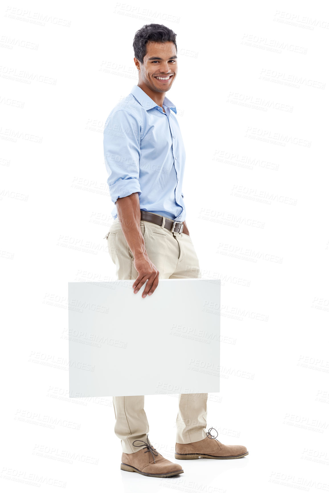Buy stock photo Business, man and poster mockup in studio for career information, creative board or marketing. Portrait of a professional person, employee or designer with space for planning on a white background