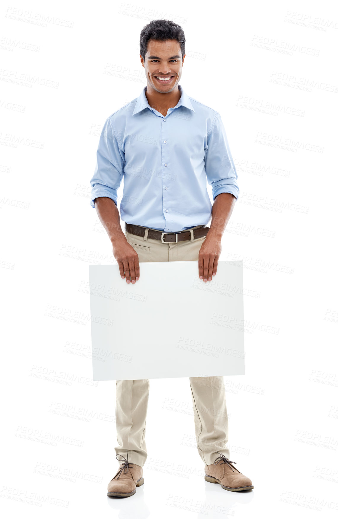 Buy stock photo Banner, mockup and business man in studio with news, presentation or promotion on white background. Poster, recruitment or male agent with space for we are hiring, information or opportunity platform