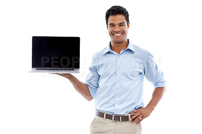 Buy stock photo Laptop, screen and portrait of business man in studio with mockup for deal, offer or platform on white background. Pc, space and face of agent with online guide, information or sign up service promo
