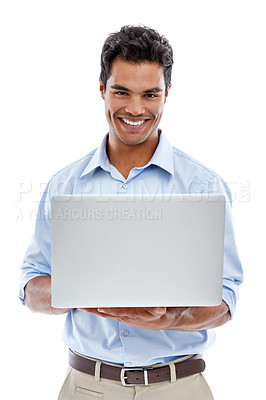 Buy stock photo Happy man, portrait and laptop in studio for web communication, scroll or search on white background. Pc, face or entrepreneur online for small business startup research, social media or email check