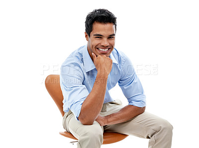 Buy stock photo Business man, portrait and smile in studio, corporate employee and career in sales on white background. Professional, positivity and pride with happy salesman sitting in chair and confidence
