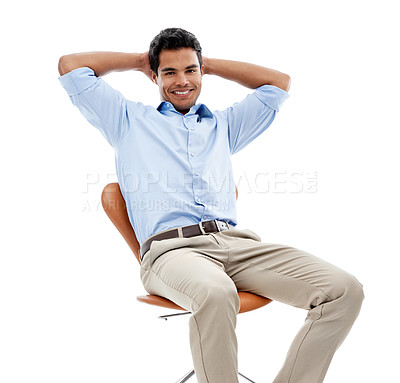 Buy stock photo Business, man and relax on chair in studio for career confidence, break and happy on a white background. Portrait of a mexican person, worker or employee stretching for satisfied, done or stress free