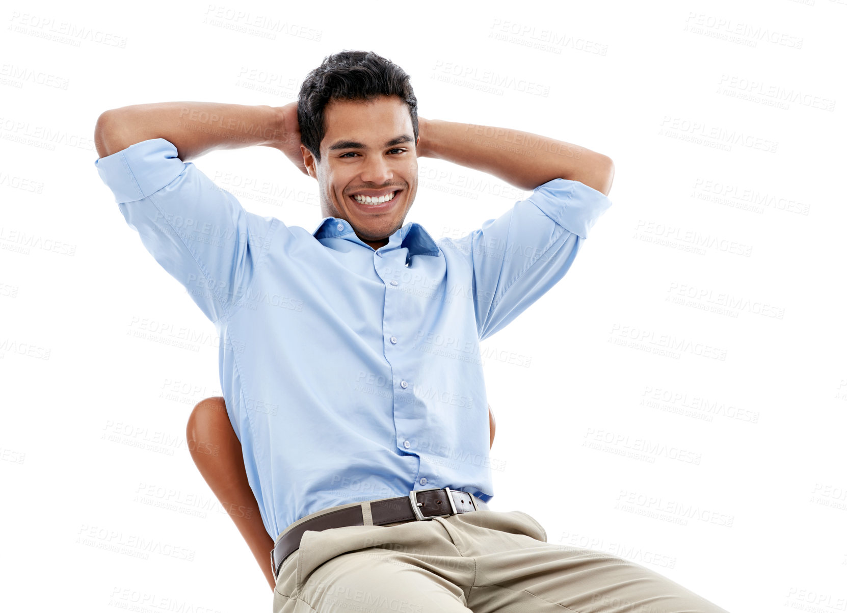 Buy stock photo Worker, man and relax on chair in studio for career confidence, break and happy on a white background. Portrait of a business person or mexican employee stretching for satisfied, done or stress free