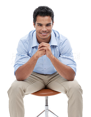 Buy stock photo Business man, portrait and happy in studio, corporate employee and career in sales on white background. Professional, positivity and pride with smile, salesman sitting in chair and confidence