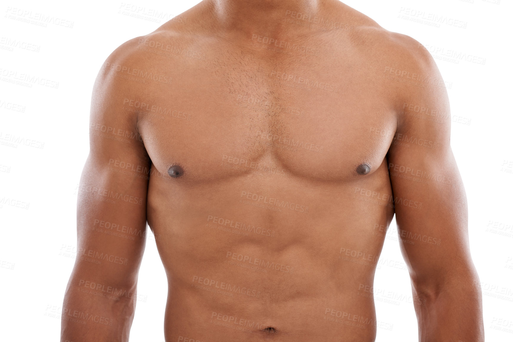 Buy stock photo Fitness, chest and man in studio for wellness, body care and hygiene treatment on white background. Muscle, stomach and male athlete closeup with glowing skin, torso and skincare, shower or routine