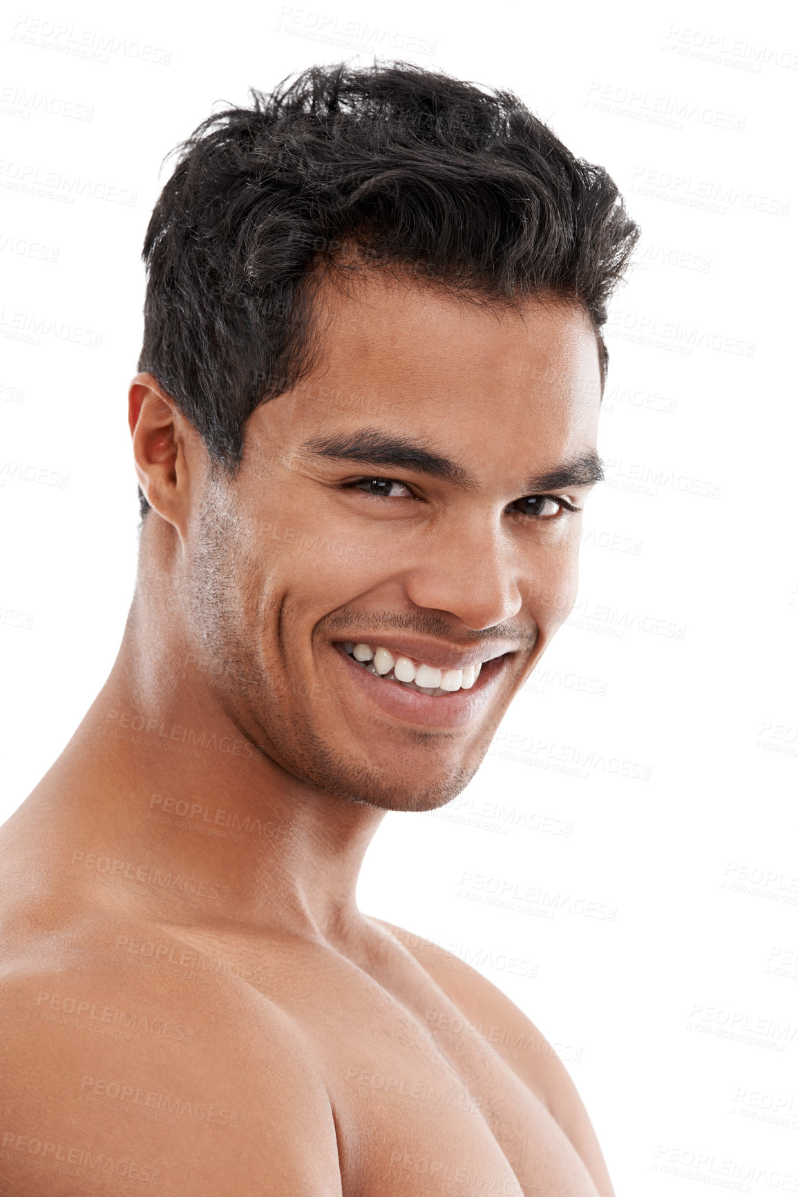 Buy stock photo Skincare, portrait and happy man in studio for wellness, treatment or dermatology on white background. Face, smile or male model with beauty, care or after shower, glowing skin or result satisfaction