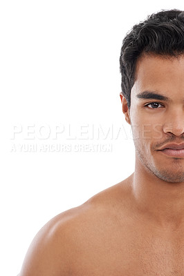 Buy stock photo Skincare, man and half portrait in studio for wellness, treatment or glowing skin on white background. Face, mockup or male model with beauty, care or after shower, dermatology or result satisfaction