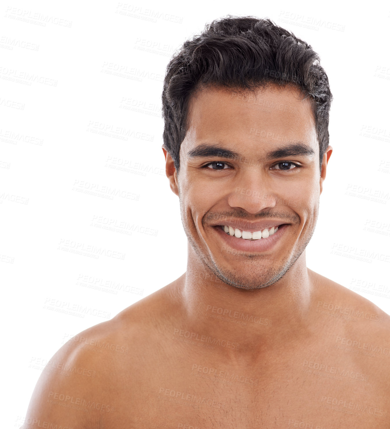 Buy stock photo Portrait, skincare or happy man in studio for wellness, treatment or glowing skin on white background. Face, body or mexican model with beauty, care or dermatology, routine or result satisfaction