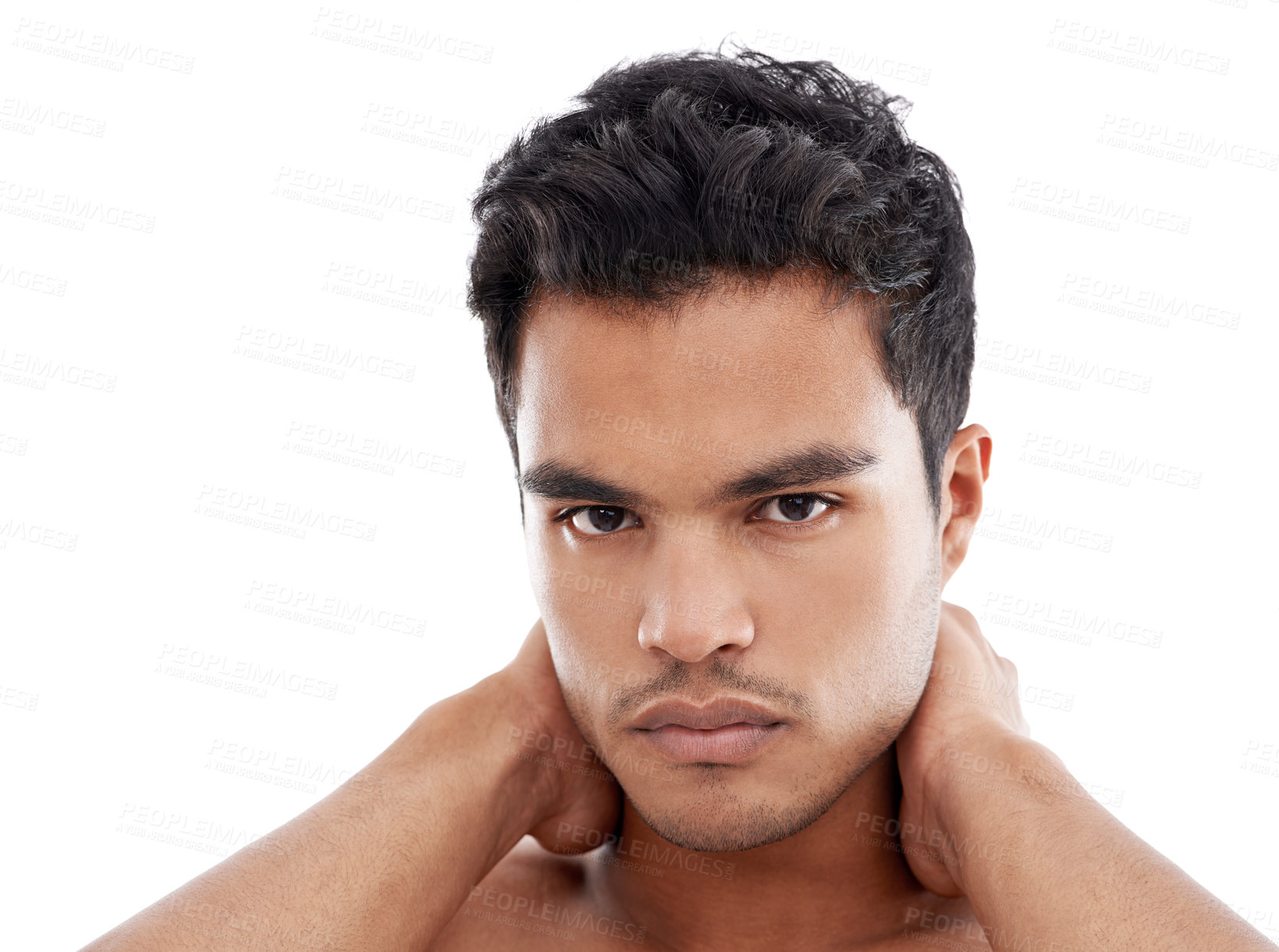 Buy stock photo Beauty, skincare and portrait of man in studio for wellness, shine or glowing skin on white background. Dermatology, shine and face of Mexican male model with grooming, routine or shower results