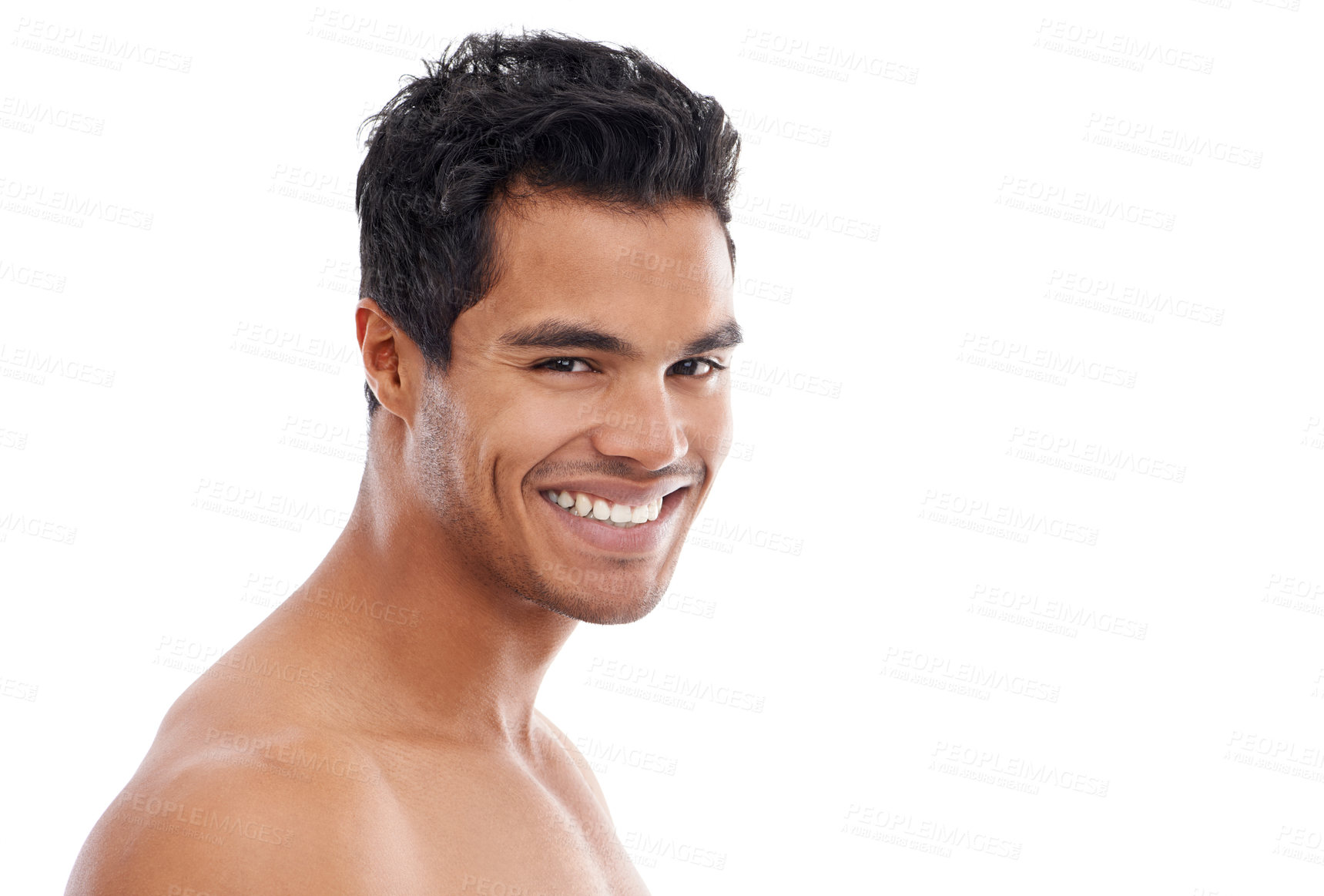 Buy stock photo Happy man, skincare or portrait in studio for wellness, treatment or glowing skin on white background. Face, mockup or male model with beauty, care or after shower, dermatology or result satisfaction