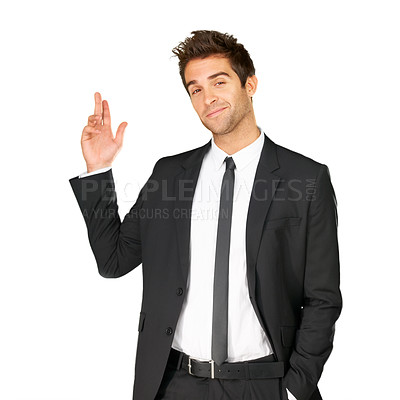 Buy stock photo Happy, business man and portrait with hand for fashion, advertising and professional style. Corporate and confident male model show mockup space presentation isolated on a white background in studio