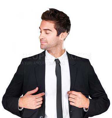 Buy stock photo Studio, fashion and man confident in tuxedo choice, formal attire or stylish outfit isolated on white background. Pride, elegance and model with classy outfit, fancy clothes and classic apparel