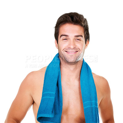 Buy stock photo Skincare, towel and studio portrait of happy man with morning hygiene routine, grooming or self care. Spa, salon and person relax after wash, bath or shower for facial cleaning on white background