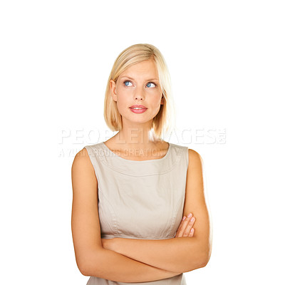 Buy stock photo Thinking, inspiration and business woman in studio for ideas, vision or search for solution on a white background. Professional designer or model for brainstorming or job planning with arms crossed