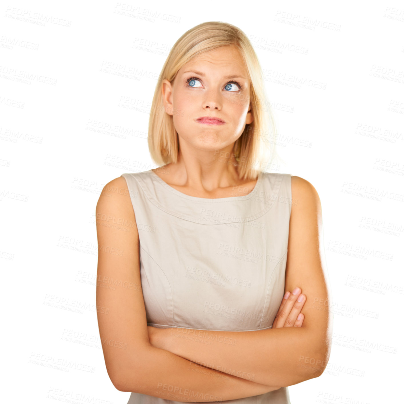 Buy stock photo Confused, stress and business woman in studio for career mistake, frustrated or worried on a white background. Employee or annoyed secretary thinking with arms crossed for doubt, angry and nervous