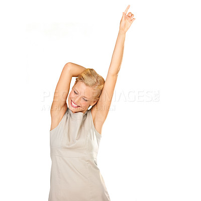 Buy stock photo Happy, dance and woman winning in studio for celebration, success and achievement or freedom. Young winner, person or model with energy, excited and yes for news or announcement on a white background