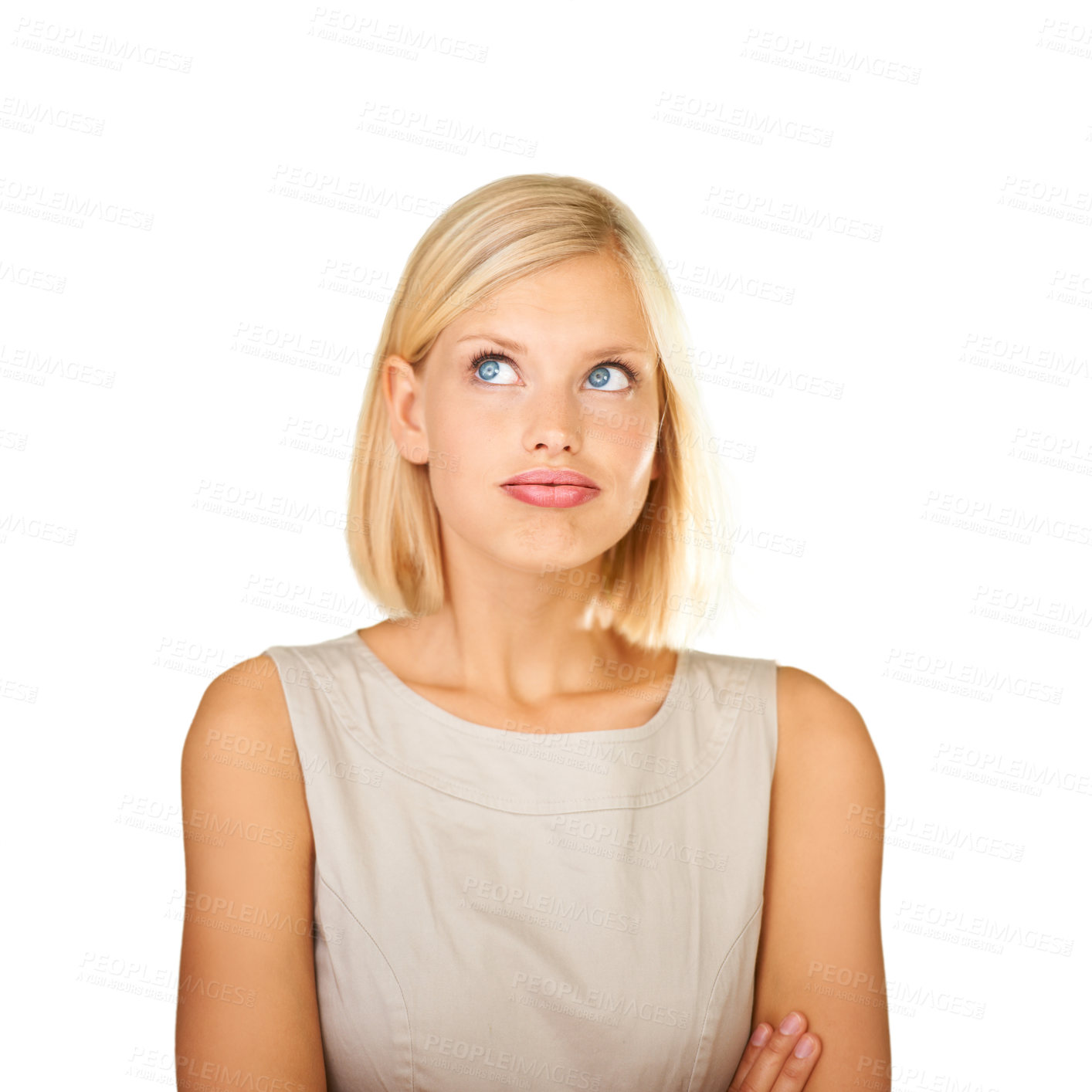 Buy stock photo Thinking, confused and business woman in studio with ideas, worried or problem solving on a white background. Young employee or annoyed secretary with career doubt, stress and looking up for solution