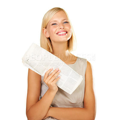 Buy stock photo Happy woman, portrait and newspaper in literature, knowledge or reading on a white studio background. Female person or blonde smile with document or paper for education, information or news on mockup