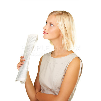 Buy stock photo Woman, newspaper and thinking for knowledge or reading on a white studio background. Young female person or blonde smile with document or paper in wonder for information, idea or news on mockup