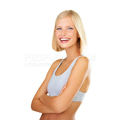 Buy stock photo Happy woman, portrait and blonde in fitness, fashion or style on a white studio background. Face of attractive or gorgeous young female person or caucasian in satisfaction or natural beauty on mockup