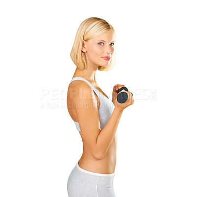 Buy stock photo Fitness, dumbbell and portrait of a woman workout, training or exercise for strong muscle. Happy sports female isolated on png, transparent background for weightlifting, weight loss and body wellness