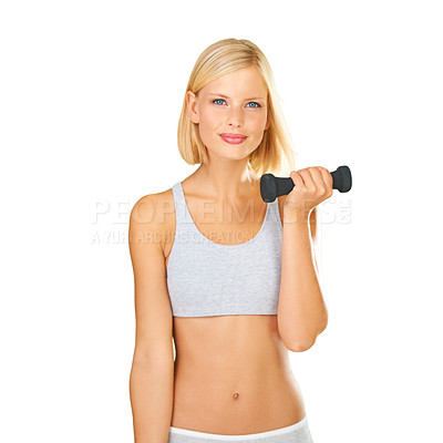 Buy stock photo Dumbbells, exercise and portrait of a fitness woman in studio for training workout. Happy aesthetic female model isolated on a white background for weightlifting, weight loss and body wellness