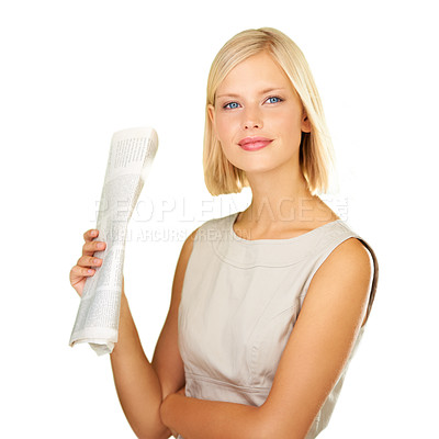 Buy stock photo Newspaper, newsletter and portrait of woman on a white background for reading, information and news. Paper, journalism and isolated person with article for knowledge, learning and business in studio