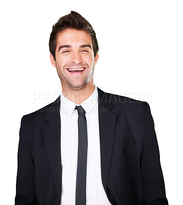 Buy stock photo Laughing, face and happy business man in studio for comic, funny or positive mindset. Corporate male model with fashion or professional style clothes isolated on a white background with a laugh
